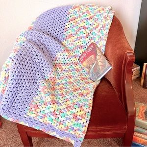 Vintage Handmade Granny Grandmacore Knit Crochet Afghan Cozy Blanket 75”x43”